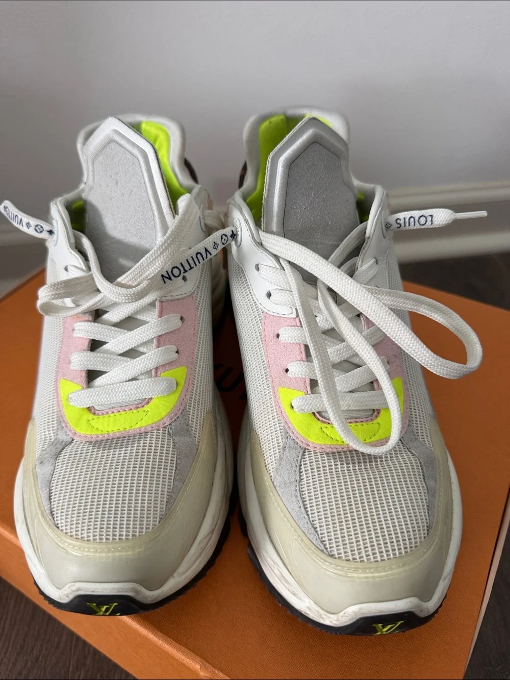 Louis Vuitton White Sneakers with Pink and Neon Yellow Accents